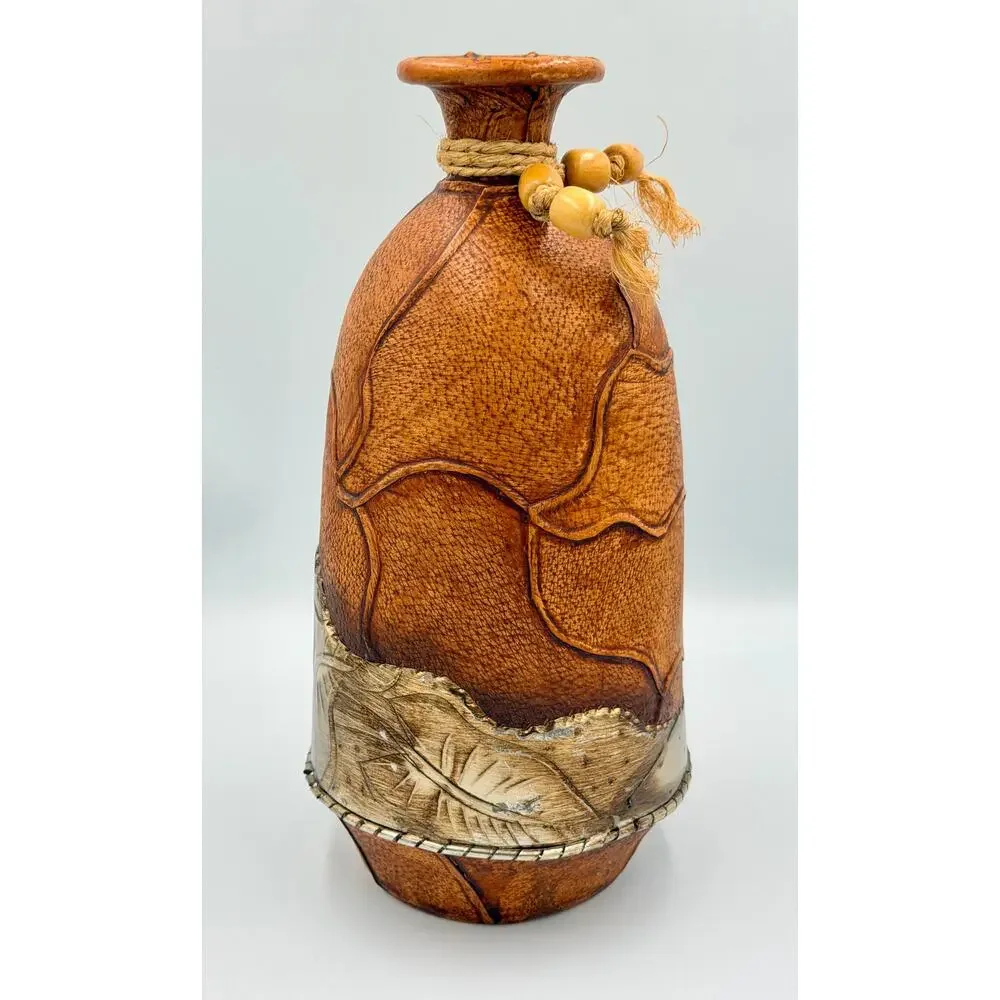 Folk-art Mexican Hand-tooled Leather and Tin Wrapped Bud Vase Southwestern Decor